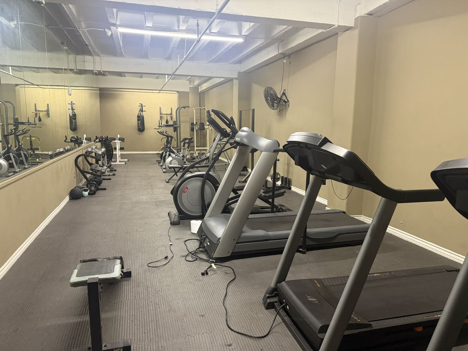 Building fitness center with treadmills, ellipticals, and free weights